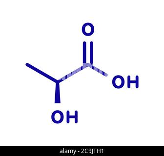 Milchsäure (L-Milchsäure) Milchzucker-Molekül. Baustein aus Polymilchsäure (PLA) Biokunststoff. In Milch gefunden. Blaue Skelettformel auf weißem Bac Stockfoto