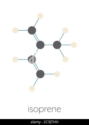 Isopren, Gummibaustein (Polyisopren) (Monomer). Stilisierte Skelettformel (chemische Struktur). Atome werden als farbcodierte Kreise conne dargestellt Stockfoto