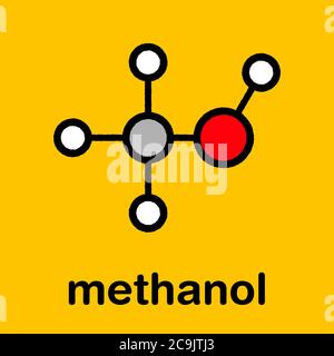 Methanol (Methylalkohol, MeOH)-Molekül. Hochgiftig. Stilisierte Skelettformel (chemische Struktur). Atome werden als farbcodierte Kreise mit Th dargestellt Stockfoto