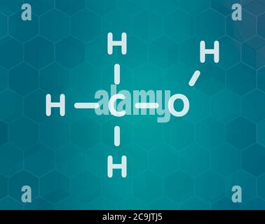 Methanol (Methylalkohol, MeOH)-Molekül. Hochgiftig. Weiße Skelettformel auf dunklem blauem Gradienten-Hintergrund mit sechseckigem Muster. Stockfoto