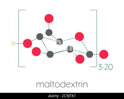 Maltodextrin Lebensmittelzusatzstoff Molekül. Stilisierte Skelettformel (chemische Struktur). Atome werden als farbcodierte Kreise dargestellt, die durch dünne Bindungen verbunden sind, o Stockfoto