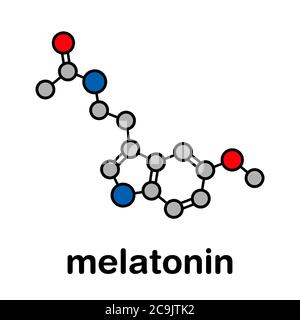 Melatonin Hormonmolekül. Beim Menschen spielt es eine Rolle bei der zirkadianen Rhythmus-Synchronisation. Stilisierte Skelettformel (chemische Struktur). Atome sind Stockfoto