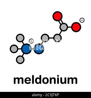 Meldonium anti-ischämisches Wirkstoffmolekül. Wird zur Behandlung von Angina pectoris und Myokardinfarkten verwendet. Stilisierte Skelettformel (chemische Struktur). Atome ar Stockfoto