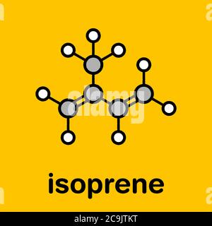 Isopren, Gummibaustein (Polyisopren) (Monomer). Stilisierte Skelettformel (chemische Struktur). Atome werden als farbcodierte Kreise mit dargestellt Stockfoto