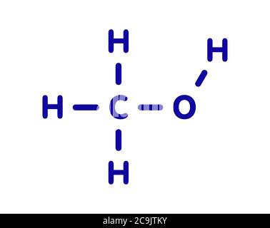 Methanol (Methylalkohol, MeOH)-Molekül. Hochgiftig. Blaue Skelettformel auf weißem Hintergrund. Stockfoto