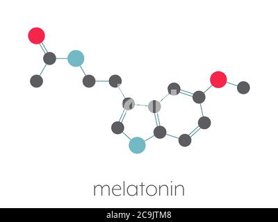 Melatonin Hormonmolekül. Beim Menschen spielt es eine Rolle bei der zirkadianen Rhythmus-Synchronisation. Stilisierte Skelettformel (chemische Struktur). Atome sind Stockfoto