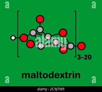 Maltodextrin Lebensmittelzusatzstoff Molekül. Stilisierte Skelettformel (chemische Struktur). Atome werden als farbcodierte Kreise mit dicken schwarzen Umrissen dargestellt Stockfoto