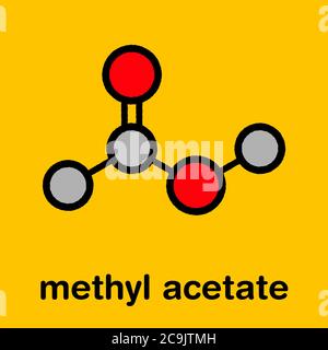 Molekül mit Methylacetat-Lösungsmittel Stilisierte Skelettformel (chemische Struktur). Atome werden als farbcodierte Kreise mit dicken schwarzen Umrissen und dargestellt Stockfoto