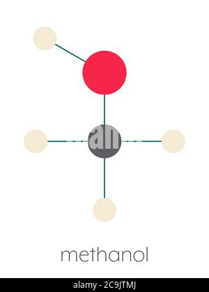 Methanol (Methylalkohol, MeOH)-Molekül. Hochgiftig. Stilisierte Skelettformel (chemische Struktur). Atome werden als farbcodierte Kreise angezeigt Stockfoto