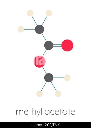 Molekül mit Methylacetat-Lösungsmittel Stilisierte Skelettformel (chemische Struktur). Atome werden als farbcodierte Kreise dargestellt, die durch dünne Bindungen verbunden sind, auf einem Stockfoto