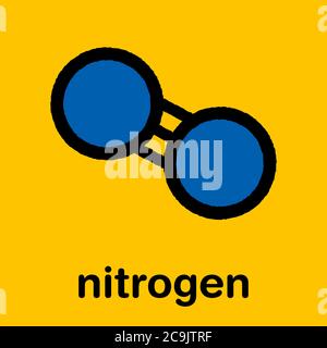 Elementarstickstoff (N2). Stickstoffgas ist der Hauptbestandteil der Erdatmosphäre. Stilisierte Skelettformel (chemische Struktur): Atome Stockfoto