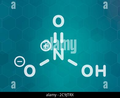 Salpetersäure (HNO3) starkes Mineralsäuremolekül. Wird bei der Herstellung von Düngemitteln und Sprengstoffen verwendet. Weiße Skelettformel auf dunkelblauem Gradienten-Backgro Stockfoto