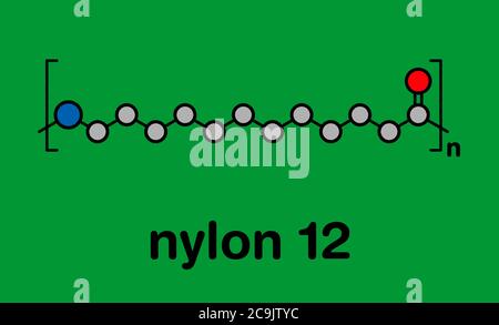Nylon 12 Polymer, chemische Struktur. Stilisierte Skelettformel: Atome werden als farbcodierte Kreise mit dicken schwarzen Umrissen und Bindungen dargestellt: Wasserstoff Stockfoto
