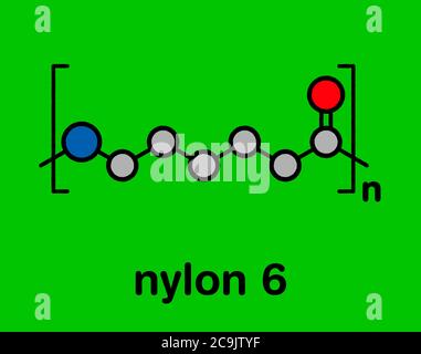 Nylon (Nylon-6,6) Kunststoff-Polymer, chemische Struktur. Stilisierte Skelettformel: Atome werden als farbcodierte Kreise mit dicken schwarzen Umrissen und dargestellt Stockfoto