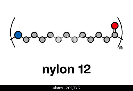 Nylon 12 Polymer, chemische Struktur. Stilisierte Skelettformel: Atome werden als farbcodierte Kreise mit dicken schwarzen Umrissen und Bindungen dargestellt: Wasserstoff Stockfoto