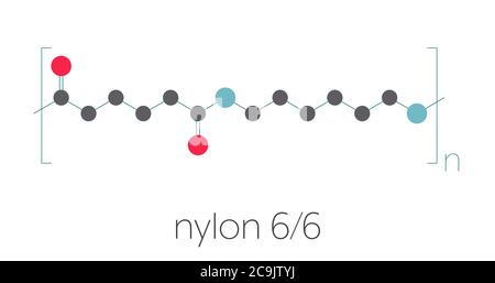 Nylon (Nylon-6,6) Kunststoff-Polymer, chemische Struktur. Stilisierte Skelettformel: Atome werden als farbcodierte Kreise dargestellt, die durch dünne Bindungen verbunden sind, auf einem Stockfoto