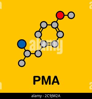 p-Methoxyamphetamin (PMA) halluzinogenes Wirkstoffmolekül. Führt häufig zu einer tödlichen Vergiftung, wenn MDMA (XTC, Ecstasy) verwechselt wird. Stilisiertes Skelett Stockfoto