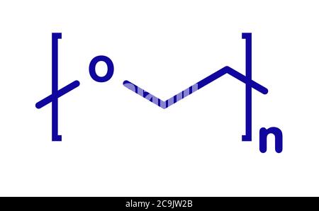 Polyethylenglykol (PEG), chemische Struktur. Formen von PEG werden als Abführmittel, Hilfsstoffe, etc. Verwendet.Blaue Skelettformel auf weißem Hintergrund. Stockfoto