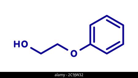 Phenoxyethanol Konservierungsmolekül. Häufig in Pharmazeutika, Kosmetika, etc. Verwendet Blauer Skelett Formel auf weißem Hintergrund. Stockfoto