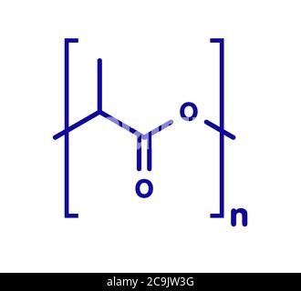 Polymilchsäure (PLA, Polylactid) Biokunststoff, chemische Struktur. Kompostierbare Polymeren für medizinische Implantate verwendet, 3D-Druck, Verpackungsmaterialien, etc. Stockfoto