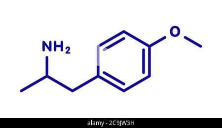 p-Methoxyamphetamin (PMA) halluzinogenes Wirkstoffmolekül. Führt häufig zu einer tödlichen Vergiftung, wenn MDMA (XTC, Ecstasy) verwechselt wird. Blau Skelett für Stockfoto