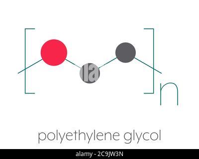 Polyethylenglykol (PEG), chemische Struktur. Formen von PEG werden als Abführmittel, Hilfsstoffe usw. verwendet.stilisierte Skelettformel: Atome werden als Colo dargestellt Stockfoto