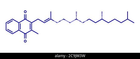 Vitamin K (K1, Phyllochinon, Phytomenadion) Molekül. Blaue Skelettformel auf weißem Hintergrund. Stockfoto