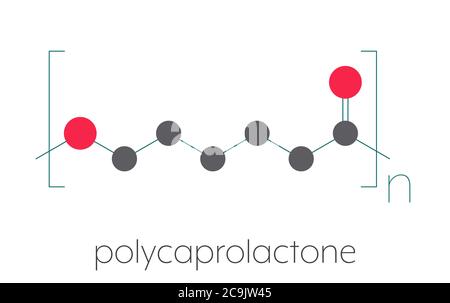Polycaprolacton (PCL) biologisch abbaubares Polyester, chemische Struktur. Stilisierte Skelettformel: Atome werden als farbcodierte Kreise dargestellt, die durch Thi verbunden sind Stockfoto