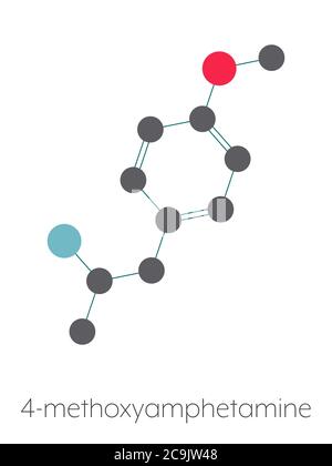 p-Methoxyamphetamin (PMA) halluzinogenes Wirkstoffmolekül. Führt häufig zu einer tödlichen Vergiftung, wenn MDMA (XTC, Ecstasy) verwechselt wird. Stilisiertes Skelett Stockfoto