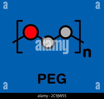 Polyethylenglykol (PEG), chemische Struktur. Formen von PEG werden als Abführmittel, Hilfsstoffe usw. verwendet.stilisierte Skelettformel: Atome werden als Colo dargestellt Stockfoto