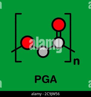 Polyglykolid (PGA) biologisch abbaubares Polymer. Stilisierte Skelettformel: Atome werden als farbcodierte Kreise mit dicken schwarzen Umrissen und Bindungen dargestellt: Hydr Stockfoto
