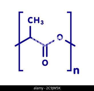Polymilchsäure (PLA, Polylactid) Biokunststoff, chemische Struktur. Kompostierbare Polymeren für medizinische Implantate verwendet, 3D-Druck, Verpackungsmaterialien, etc. Stockfoto