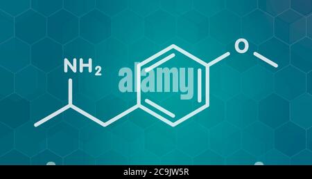 p-Methoxyamphetamin (PMA) halluzinogenes Wirkstoffmolekül. Führt häufig zu einer tödlichen Vergiftung, wenn MDMA (XTC, Ecstasy) verwechselt wird. Weißer Skelett-Fo Stockfoto