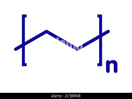 Polyethylen (PE, Polyethylen, Polyethylen) Kunststoff, chemische Struktur. Blaue Skelettformel auf weißem Hintergrund. Stockfoto