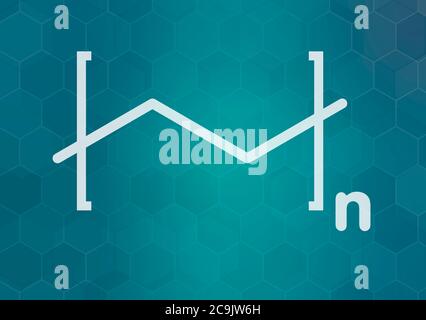 Polyethylen (PE, Polyethylen, Polyethylen) Kunststoff, chemische Struktur. Weiße Skelettformel auf dunklem blauem Gradienten-Hintergrund mit sechseckigem Muster. Stockfoto