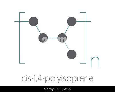 Naturkautschuk (cis-1,4-Polyisopren), chemische Struktur. Stilisierte Skelettformel: Atome werden als farbcodierte Kreise dargestellt, die durch dünne Bindungen verbunden sind, Stockfoto