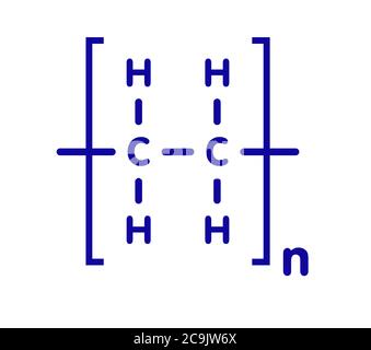 Polyethylen (PE, Polyethylen, Polyethylen) Kunststoff, chemische Struktur. Blaue Skelettformel auf weißem Hintergrund. Stockfoto