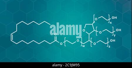 Polysorbat 80 Tensid- und Emulgatormolekül. Verwendet in Lebensmitteln (E433), Kosmetika und Medikamenten. Weiße Skelettformel auf dunkelblauem Gradienten-Backgrou Stockfoto