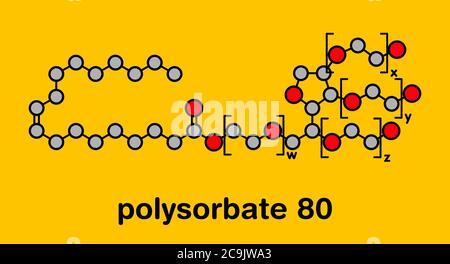 Polysorbat 80 Tensid- und Emulgatormolekül. Verwendet in Lebensmitteln (E433), Kosmetika und Medikamenten. Stilisierte Skelettformel (chemische Struktur). Atome Stockfoto