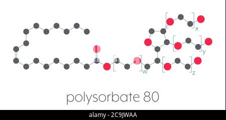 Polysorbat 80 Tensid- und Emulgatormolekül. Verwendet in Lebensmitteln (E433), Kosmetika und Medikamenten. Stilisierte Skelettformel (chemische Struktur). Atome Stockfoto