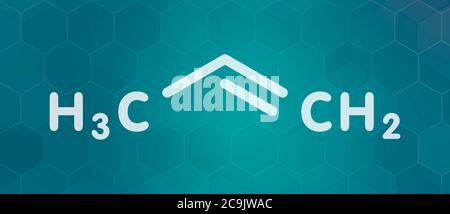 Propylen-Molekül. Bausteinmaterial aus Polypropylen (PP, Polypren). Weiße Skelettformel auf dunklem blauem Gradienten-Hintergrund mit Hexa Stockfoto
