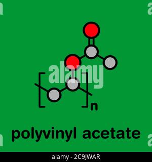 Polyvinylacetat (PVA) Polymer, chemische Struktur. Hauptbestandteil des Holzleims oder des Tischlerleims. Stilisierte Skelettformel: Atome werden als CO dargestellt Stockfoto