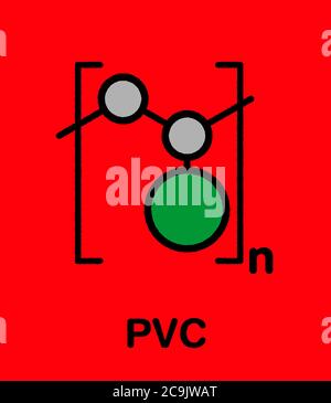 Polyvinylchlorid-Kunststoff (PVC), chemische Struktur. Stilisierte Skelettformel: Atome werden als farbcodierte Kreise mit dicken schwarzen Umrissen und dargestellt Stockfoto