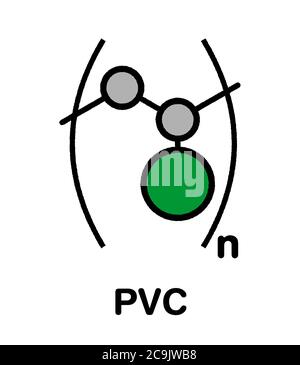 Polyvinylchlorid-Kunststoff (PVC), chemische Struktur. Stilisierte Skelettformel: Atome werden als farbcodierte Kreise mit dicken schwarzen Umrissen und dargestellt Stockfoto