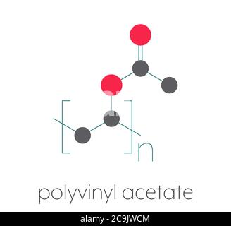 Polyvinylacetat (PVA) Polymer, chemische Struktur. Hauptbestandteil des Holzleims oder des Tischlerleims. Stilisierte Skelettformel: Atome werden als CO dargestellt Stockfoto