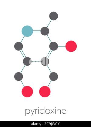 Vitamin B6 (Pyridoxin) Molekül. Stilisierte Skelettformel (chemische Struktur). Atome werden als farbcodierte Kreise dargestellt, die durch dünne Bindungen verbunden sind, auf einem Stockfoto