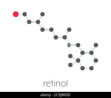 Vitamin A (Retinol) Molekül. Stilisierte Skelettformel (chemische Struktur). Atome werden als farbcodierte Kreise dargestellt, die durch dünne Bindungen verbunden sind, auf einem Whi Stockfoto