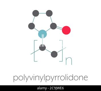 Polyvinylpyrrolidon (PVP, Povidon, Polyvidon) Polymer, chemische Struktur. Stilisierte Skelettformel: Atome werden als farbcodierte Kreise miteinander verbunden dargestellt Stockfoto