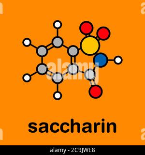 Saccharin künstlicher Süßstoff Molekül. Stilisierte Skelettformel (chemische Struktur). Atome werden als farbcodierte Kreise mit dicken schwarzen Outli dargestellt Stockfoto