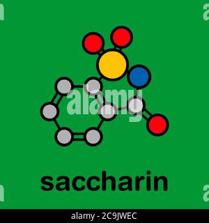 Saccharin künstlicher Süßstoff Molekül. Stilisierte Skelettformel (chemische Struktur). Atome werden als farbcodierte Kreise mit dicken schwarzen Outli dargestellt Stockfoto